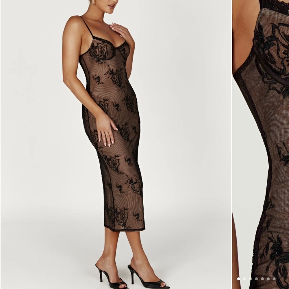 Venice Embroidered Mesh Midi Dress - Black medium